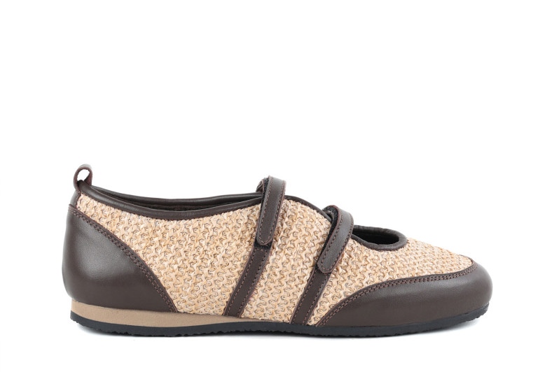 Балетки жіночі бежево-коричневі з рафії, натуральної шкіри (008998)