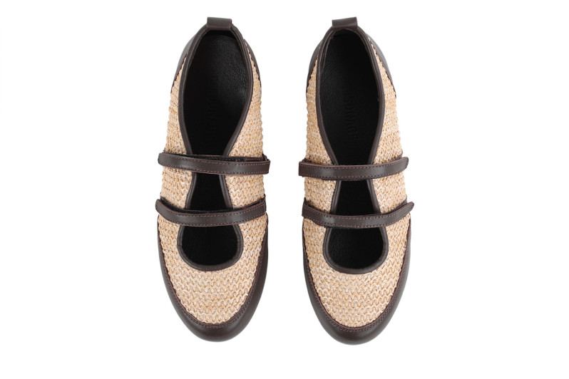 Балетки жіночі бежево-коричневі з рафії, натуральної шкіри (008998)